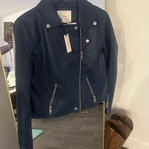 Anthropologie Blue Leather Jacket Asymmetrical Moto Style